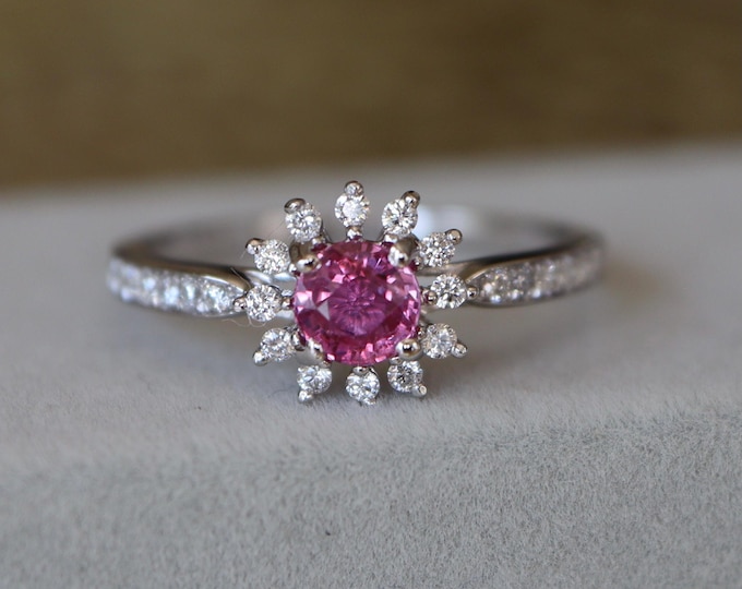 Floral Pink Sapphire Dainty Promise Ring for Her- Round Genuine Padparadscha Sapphire Halo Diamond 14k White Gold September Birthstone Ring