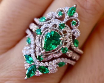 Genuine Emerald Diamond Halo Vintage 18k Gold Bridal 3 Ring Set for Her- Antique Pear Deco Engagement 2 Milgrain Wedding 14k Gold Bands
