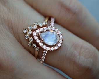 Teardrop Moonstone Halo Diamond Engagement 2 Ring Set- Pear Moonstone Bridal Rings- Moonstone Ring w/ Genuine Diamond Milgrain Wedding Band