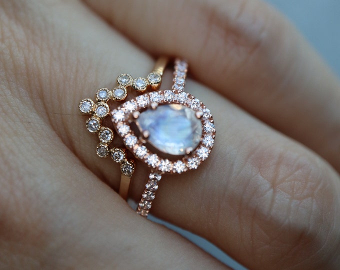 Teardrop Moonstone Halo Diamond Engagement 2 Ring Set- Pear Moonstone Bridal Rings- Moonstone Ring w/ Genuine Diamond Milgrain Wedding Band
