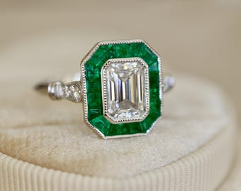 Genuine Green Emerald Halo with Emerald Cut Moissanite Deco Milgrain Solitaire Ring