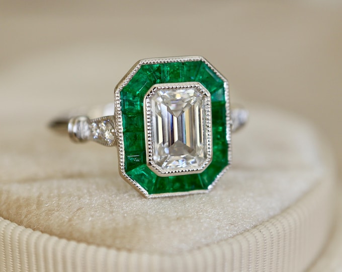Genuine Green Emerald Halo with Emerald Cut Moissanite Deco Milgrain Solitaire Ring
