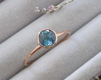 0.83ct Round Blue Sapphire Promise Ring for Her- Minimalist Sapphire Dainty Bezel Ring- Genuine Natural Simple Sapphire Solid Rose Gold Ring