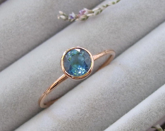 0.83ct Round Blue Sapphire Promise Ring for Her- Minimalist Sapphire Dainty Bezel Ring- Genuine Natural Simple Sapphire Solid Rose Gold Ring