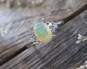 Natural Oval 0.54ct Opal Diamond Engagement Ring- Genuine Opal Promise Ring for Her- Opal White Gold Solitaire Anniversary Ring