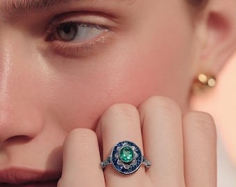 Genuine Oval Green Emerald with Halo Blue Sapphire Deco Engagement 18k White Gold Ring