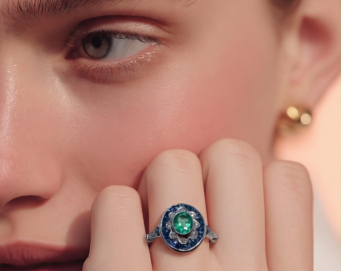 Genuine Oval Green Emerald with Halo Blue Sapphire Deco Engagement 18k White Gold Ring