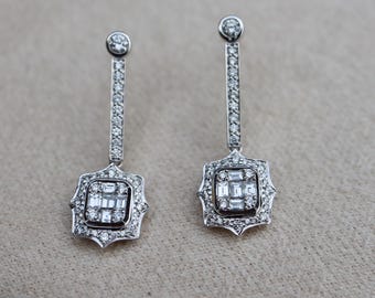 Deco Illusion Baguette Diamond Scallop Halo Solid 18k White Gold Bridal Dangle Earrings- Genuine Cluster Diamond Long Drop Earrings