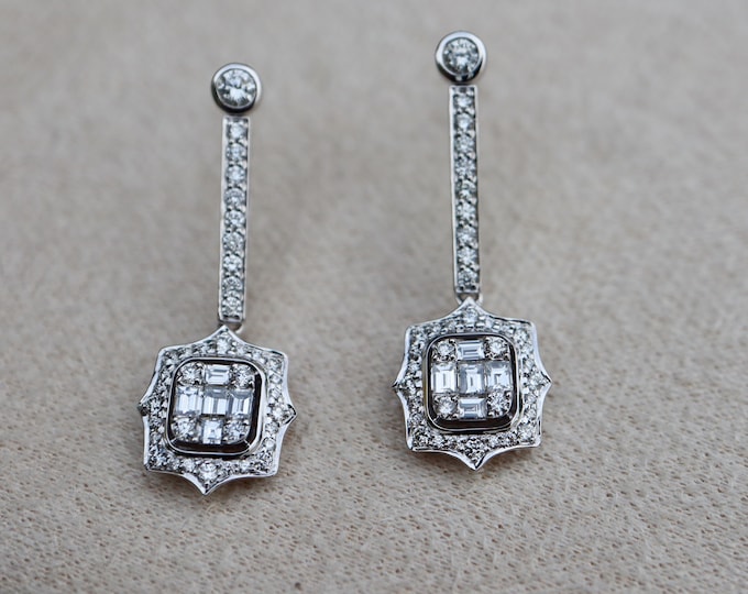 Deco Illusion Baguette Diamond Scallop Halo Solid 18k White Gold Bridal Dangle Earrings- Genuine Cluster Diamond Long Drop Earrings
