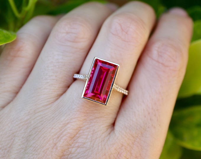5ct Ruby Rectangle Halo Engagement Ring- 14k Gold Large Red Ruby Solitaire Ring- Emerald Cut Red Bezel Ring- July Birthstone Ring