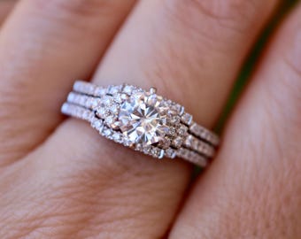 Round Genuine White Sapphire Deco Ring Set- 6 Prong Alternative Diamond Three Rings- 6mm Colorless Clear Stone Vintage 14k Rose Gold Ring