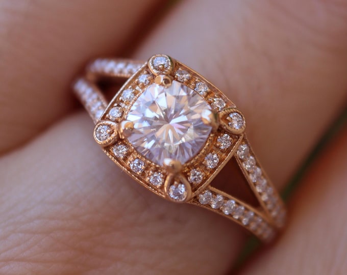 1ct Brilliant Lab Grown Diamond 18k Rose Gold Split Shank Ring- Round Alternative Diamond Halo Deco Antique Milgrain Solitaire Filigree Ring