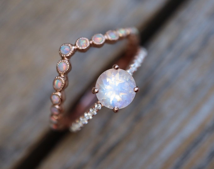 Moonstone Opal Bridal 2 Ring Set- Round Moonstone Engagement Ring w/Opal Milgrain Eternity Band- Vintage Iridescent 6mm Moonstone Prong Ring