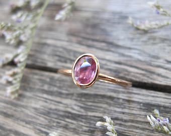0.63ct Oval Purple Pink Sapphire Promise Ring for Her- Minimalist Sapphire Dainty Bezel Ring- Genuine Natural Simple Solid Rose Gold Ring