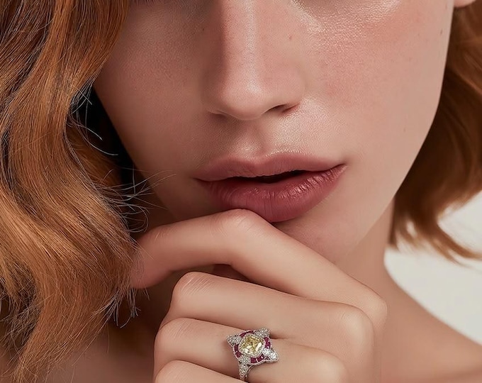 Genuine Cushion Diamond Gia Certified 1.27ct with Genuine Ruby Halo 18k White Gold Deco Ring