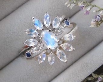 Moonstone Sapphire Bridal 2 Or 3 Ring Set- Oval Blue Moonstone Engagement Ring Set- Moonstone White Gold Ring With Wedding Moonstone Band