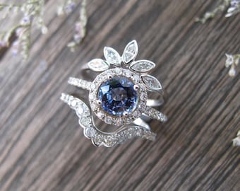 Deco Round Genuine 1.09ct Blue Sapphire 3 Ring Set-Vintage Sapphire Engagement 3 Ring -Sapphire Diamond Bridal Ring Set-14k White Gold Ring