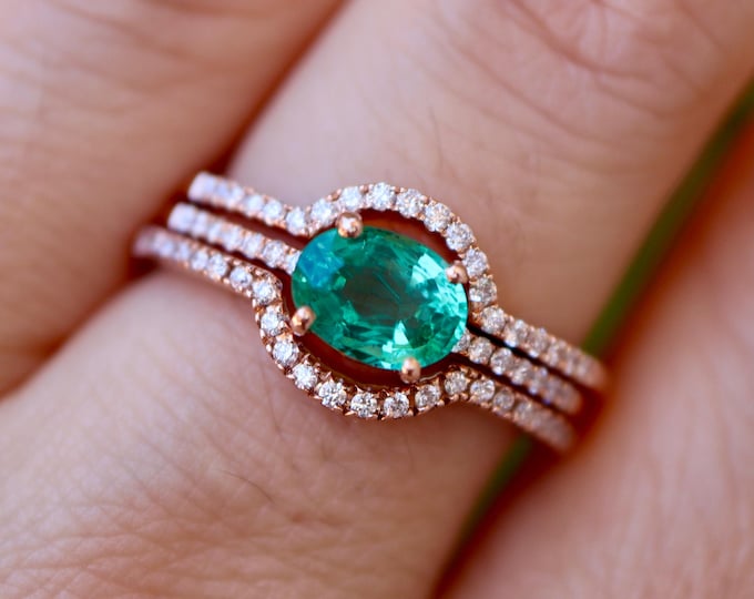 Genuine Oval 1.02ct Green Emerald Diamond 14k Rose Gold Ring- East West Prong Natural Emerald 3 Dainty Engagement Ring Set