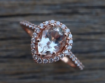 Teardrop Genuine White Topaz Promise Ring-Pear Natural Topaz Halo Engagement Ring- Solid 14k Gold Solitaire Ring- Clear Colorless Stone Ring