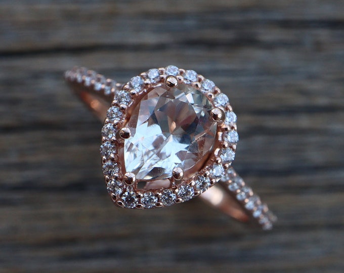 Teardrop Genuine White Topaz Promise Ring-Pear Natural Topaz Halo Engagement Ring- Solid 14k Gold Solitaire Ring- Clear Colorless Stone Ring