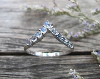 Moonstone Sapphire Women Chevron Wedding Band- Blue Moonstone Sapphire Contour V Band- Curved White Gold Nesting Band-Stackable Pairing Band