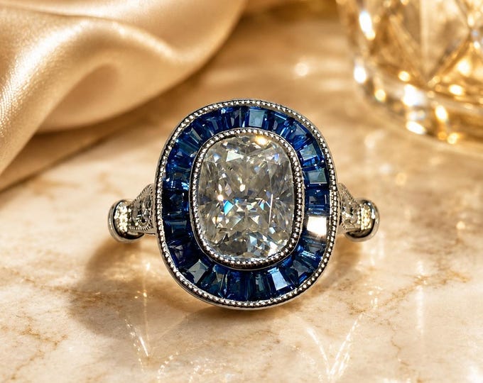 Genuine Blue Sapphire Halo with 1ct Cushion Moissanite Deco Engagement Ring