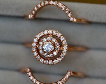Triple Halo Diamond Solid 14k Rose Gold Ring- Round Brilliant Petite White Diamond 3 Ring Set- Genuine Natural Real Cluster Diamond Rings
