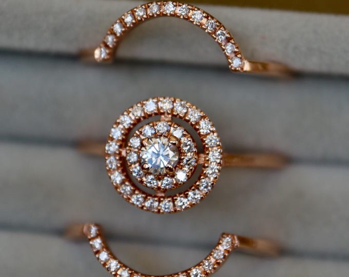 Triple Halo Diamond Solid 14k Rose Gold Ring- Round Brilliant Petite White Diamond 3 Ring Set- Genuine Natural Real Cluster Diamond Rings