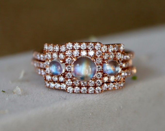 Three Stone Cabochon Rainbow Moonstone Deco 3 Ring Set- Round Moonstone Halo Vintage Dainty 14k Rose Rings- Genuine Moonstone Diamond Rings