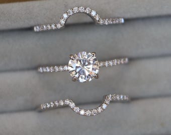1ct Brilliant Lab Diamond Bridal 3 Ring Set- 4 Prong Colorless Engagement Ring Set w/ 2 Wedding Band- Alternative Diamond Engagement Rings