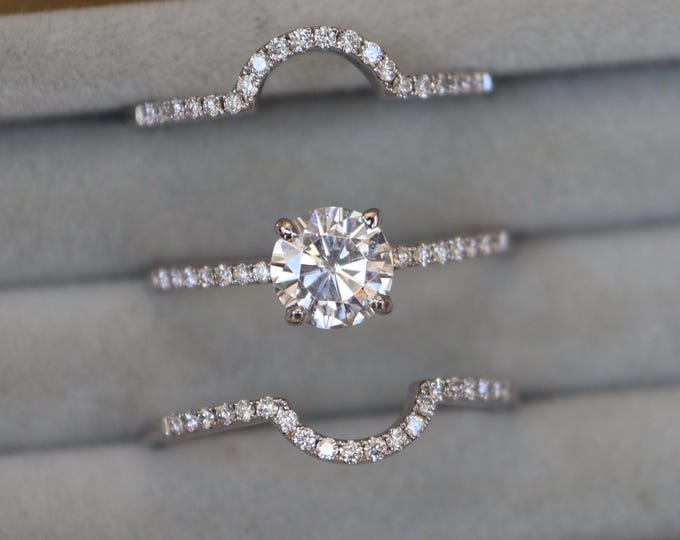 1ct Brilliant Lab Diamond Bridal 3 Ring Set- 4 Prong Colorless Engagement Ring Set w/ 2 Wedding Band- Alternative Diamond Engagement Rings