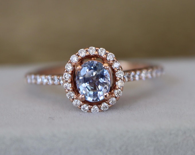 Genuine Oval 0.65ct Light Blue Sapphire Classic Halo Engagement Dainty Ring- Natural Sapphire Diamond Promise Solitaire 14k Rose Gold Ring