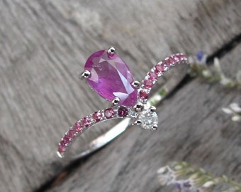 0.57ct Teardrop Ruby Vintage V Promise Ring- Art Deco Ruby Crown Dainty Curved Ring- Antique Ruby 10k White Gold Engagement Ring