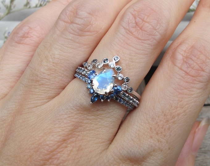 Teardrop Genuine Moonstone Sapphire Engagement Ring Set- Pear Blue Moonstone Bridal 2 Dainty Ring Set- 7x5 Moonstone White Gold Ring w/ Band