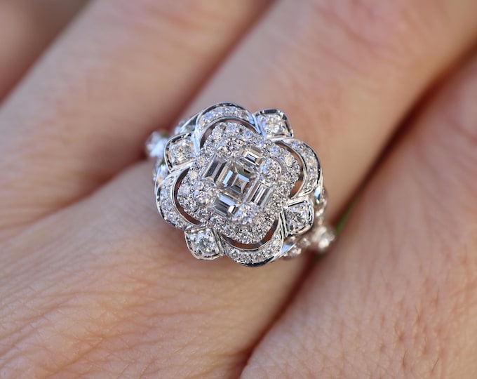 Cluster Genuine Diamond Vintage Solid 18k White Gold Ring- Deco Illusion Diamond Halo Leaf Split Shank Ring-Baguette Round Solitaire Ring