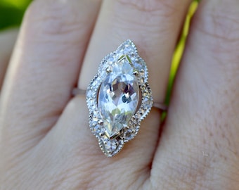 2.78ct Genuine White Topaz Halo Engagement Ring- Large Colorless Marquise Shape 14k White Gold Ring- Navette Rose Cut Diamond Scallop Ring