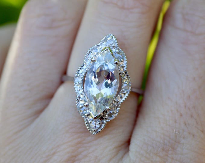 2.78ct Genuine White Topaz Halo Engagement Ring- Large Colorless Marquise Shape 14k White Gold Ring- Navette Rose Cut Diamond Scallop Ring