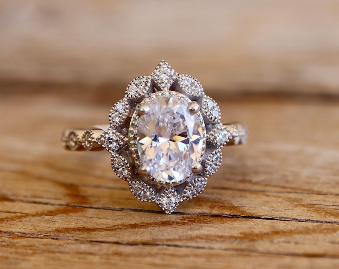 Oval Moissanite Vintage Scallop Halo Engagement Ring- Alternative Diamond Deco Milgrain Ring- 9x7mm or 8x6mm Clear Colorless Flawless Ring