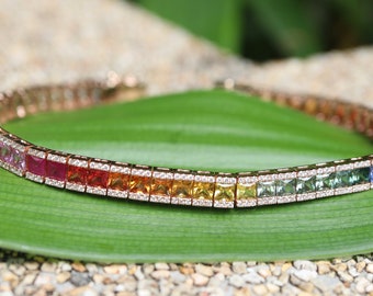 Genuine Rainbow Sapphire Tennis 18k White Gold Diamond Bracelet