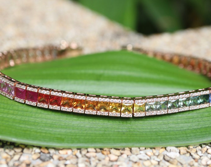 Genuine Rainbow Sapphire Tennis 18k White Gold Diamond Bracelet- Multicolor Ombre Natural Sapphire Rose Gold Bracelet- Earth Mined Sapphire