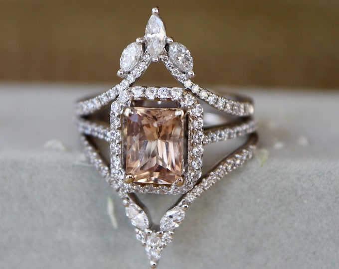 Genuine 2ct Peach Morganite Halo Diamond Bridal 3 Ring Set- Natural Emerald Cut Morganite Engagement  2 Curved Diamond 14k White Gold Band