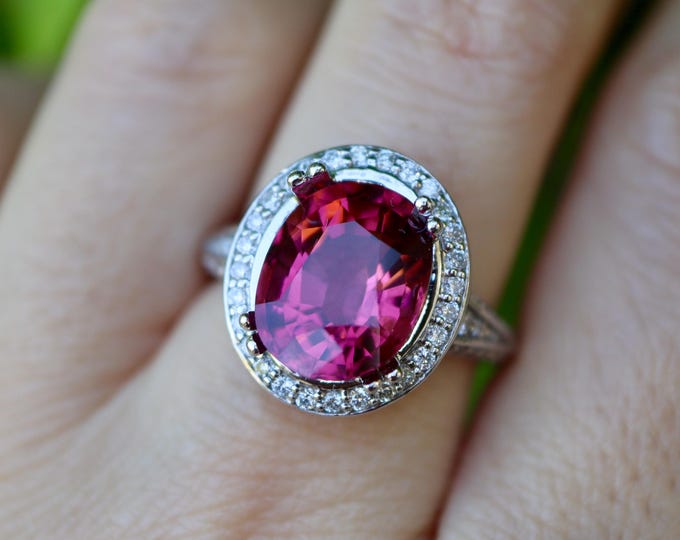Large Genuine Oval 5ct Rubellite Tourmaline Engagement Ring- Natural Pink Red Natural Tourmaline Solitaire Diamond Halo Anniversary Ring