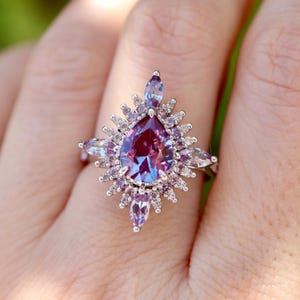 Pear Alexandrite Deco Engagement Ring- Halo Color Change 9x7mm Alexandrite Solid Real Gold Promise Ring- Purple Blue Color Anniversary Ring