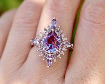 Pear Alexandrite Deco Engagement Ring- Halo Color Change 9x7mm Alexandrite Solid Real Gold Promise Ring- Purple Blue Color Anniversary Ring