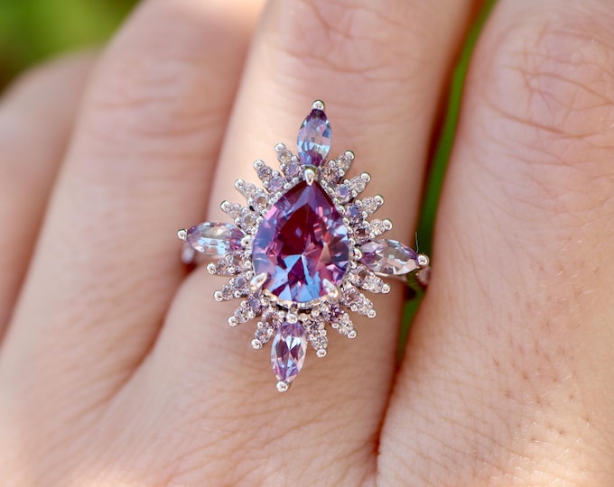 Pear Alexandrite Deco Engagement Ring- Halo Color Change 9x7mm Alexandrite Solid Real Gold Promise Ring- Purple Blue Color Anniversary Ring