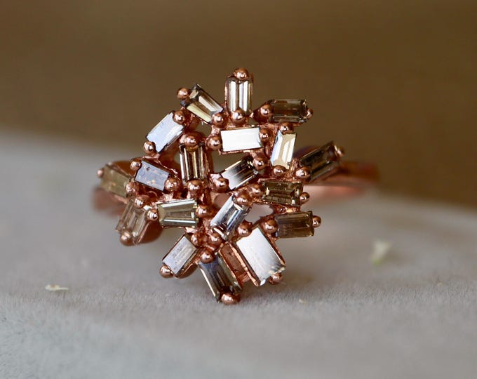 Cluster Champagne Baguette Diamond Solitaire 10k Rose Gold Ring- Art Deco Multistone Diamond Brown Diamond Statement 10k White Gold Ring