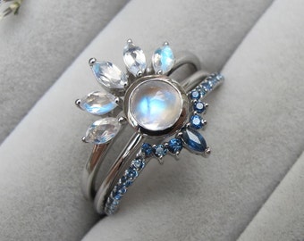 Moonstone Sapphire Dainty 3 Ring Set- Genuine Round Moonstone Sapphire Engagement Ring Set- Round Moonstone Ring with 2 Wedding Band