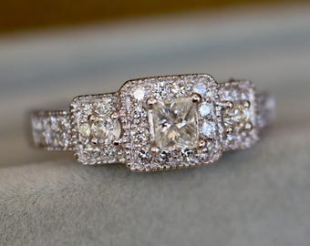 Genuine Princess Diamond Vintage Milgrain 14k White Gold Ring- Antique Promise Real Diamond Ring for Her- Three Stone Deco Anniversary Ring
