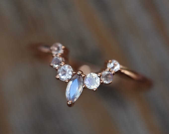 Genuine Moonstone Contour Wedding Dainty Solid 14k Gold Band- Natural Moonstone Curved Real 18k Gold Band for Teardrop Pear Shaped Ring