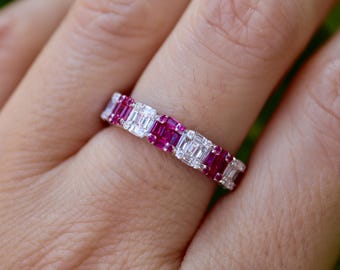 Baguette Alternating Ruby Diamond Eternity Wedding Band- Natural Genuine Pink Red Ruby Diamond Illusion Platinum 18k 14k Gold Bridal Band